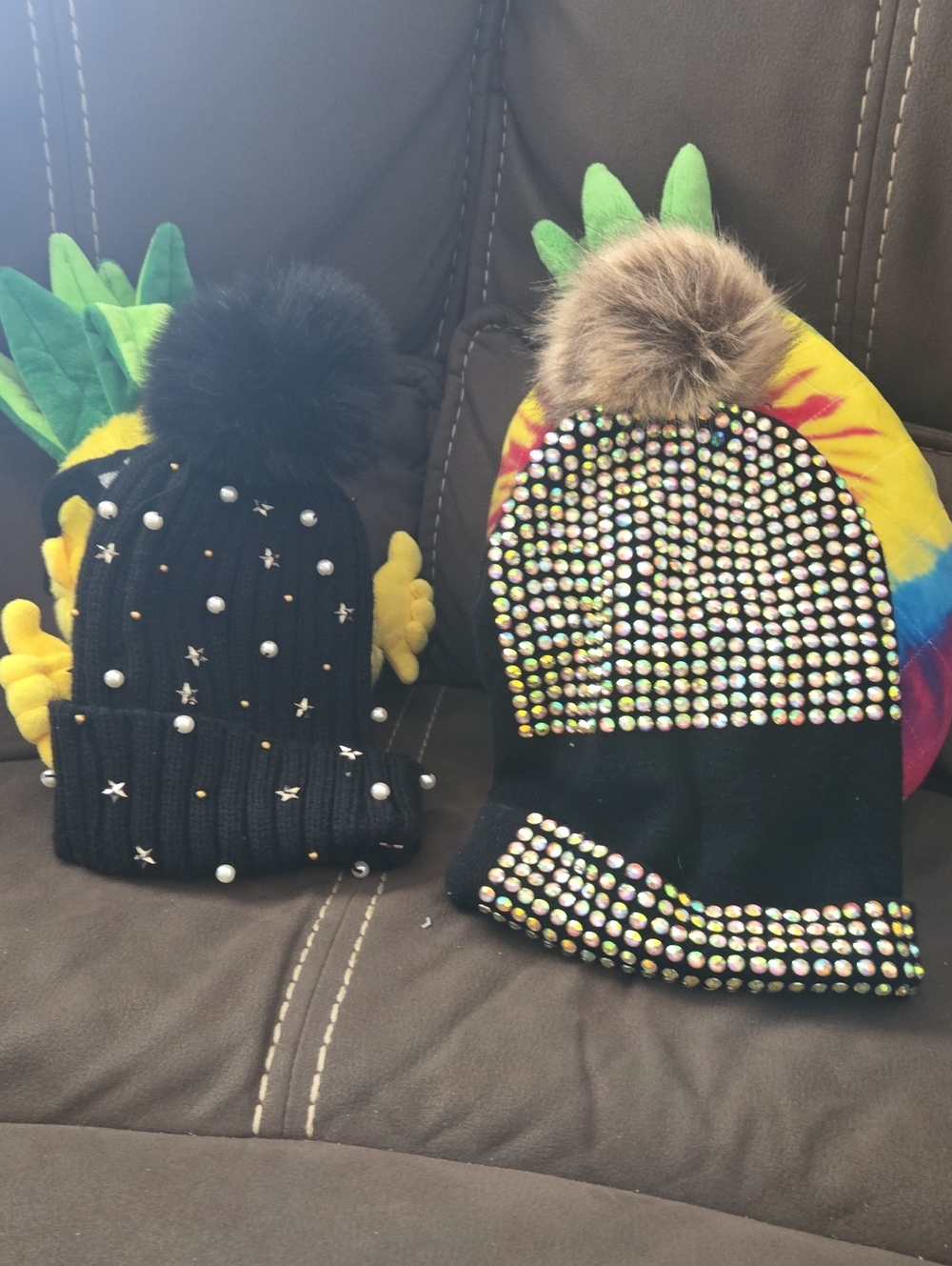 Kids Black Pom Beanie Hat with Pearls & Rhinestones